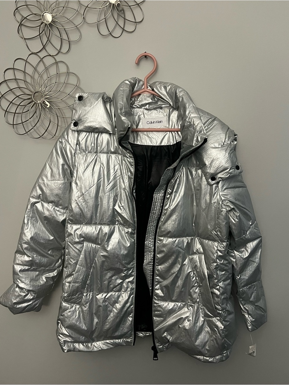 Calvin Klein Metallic Silver Quilted Puffer Coat - Women's